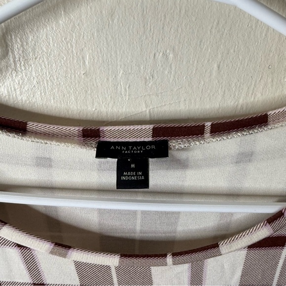 Ann Taylor Brown White Plaid Puff Sleeve Blouse - Picture 3 of 6